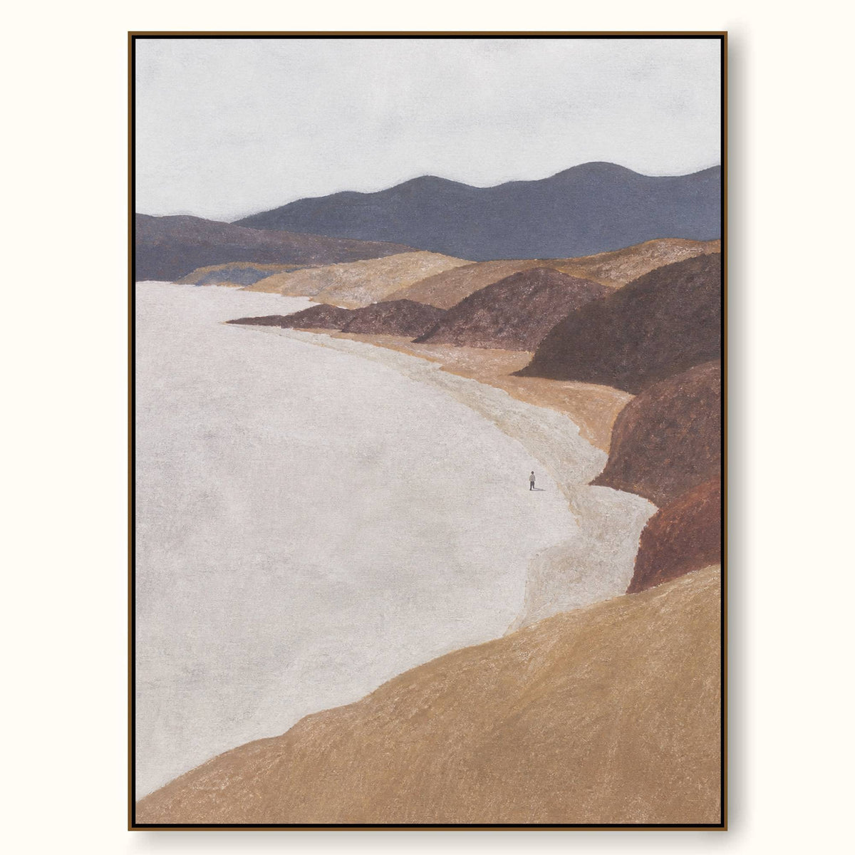 Minimalist Beach Landscape Hand-Painted Canvas Art With Solitary Figure In Earth Tones