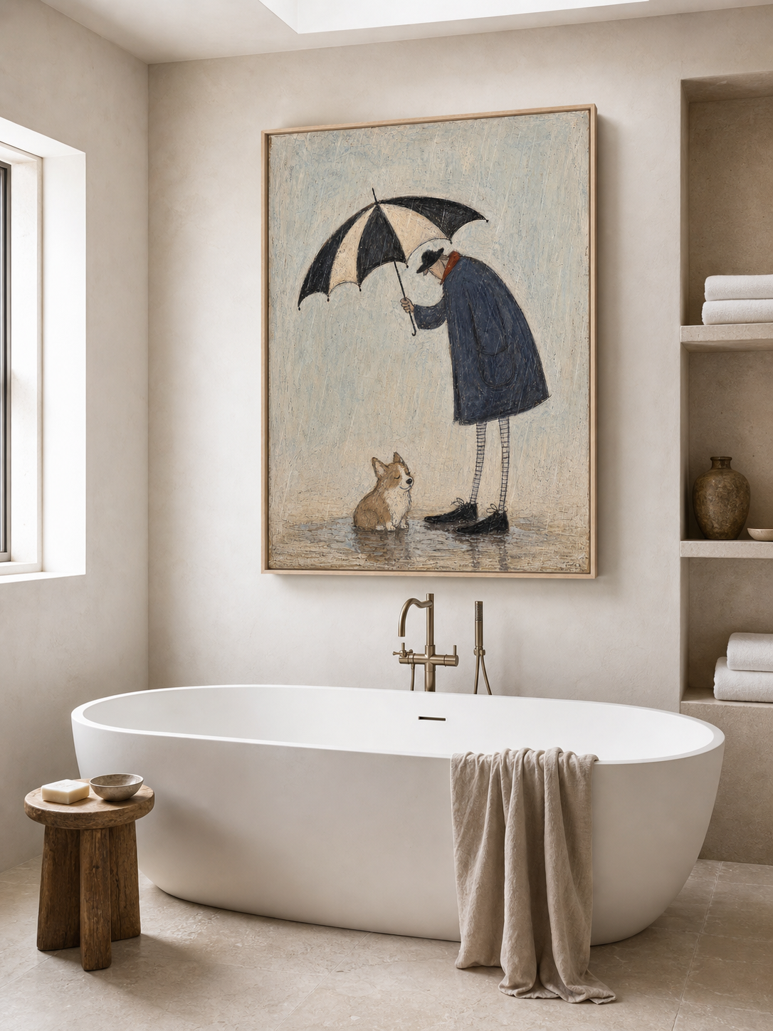 Whimsical Rainy Day Man And Corgi Dog Original Oil Painting For Home Wall Decor