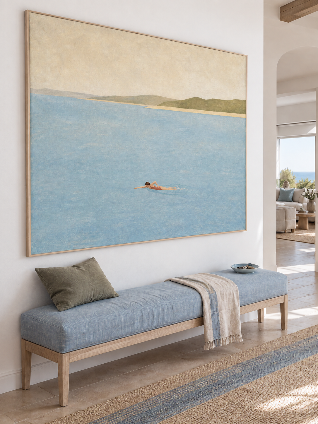 Serene Coastal Landscape Painting With Rolling Hills For Modern Bedroom