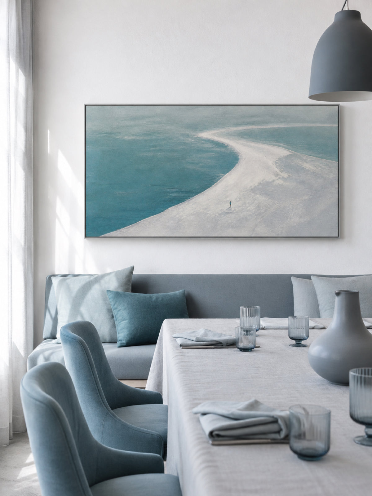 Tiny Figure On Sandbar Hand-Painted Canvas Wall Art With Blue Sea