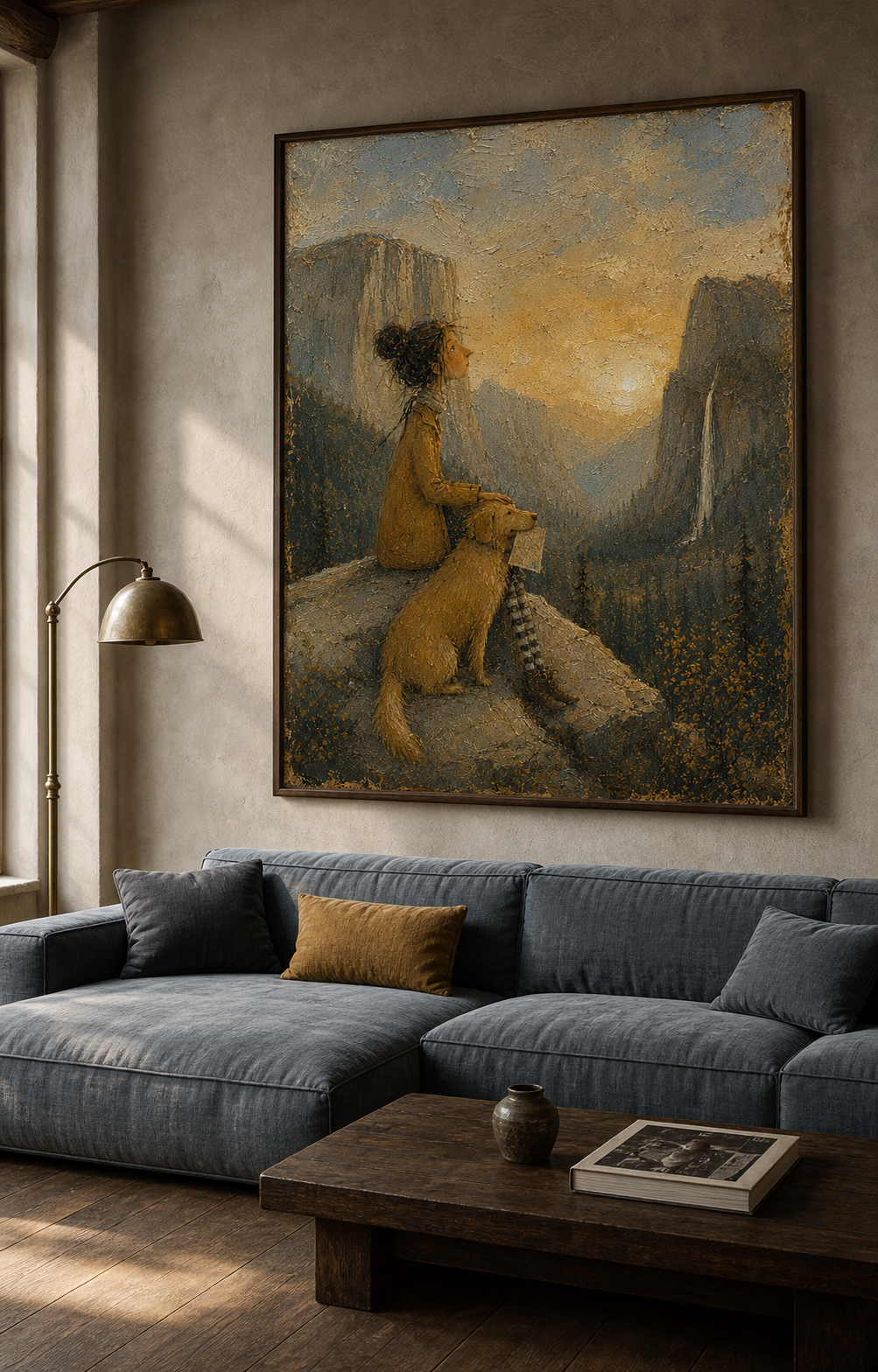 Vintage Yosemite Inspired Painting With Girl Dog And Mountain Valley