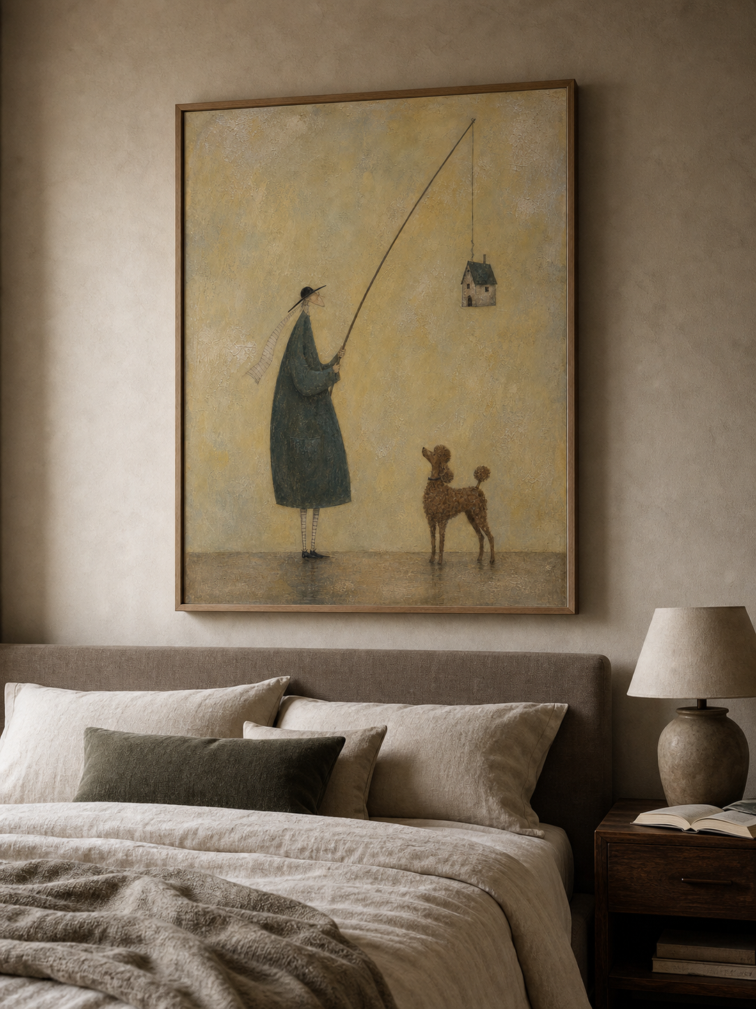 Large Man With House And Poodle Oil Painting Handmade Whimsical Wall Art