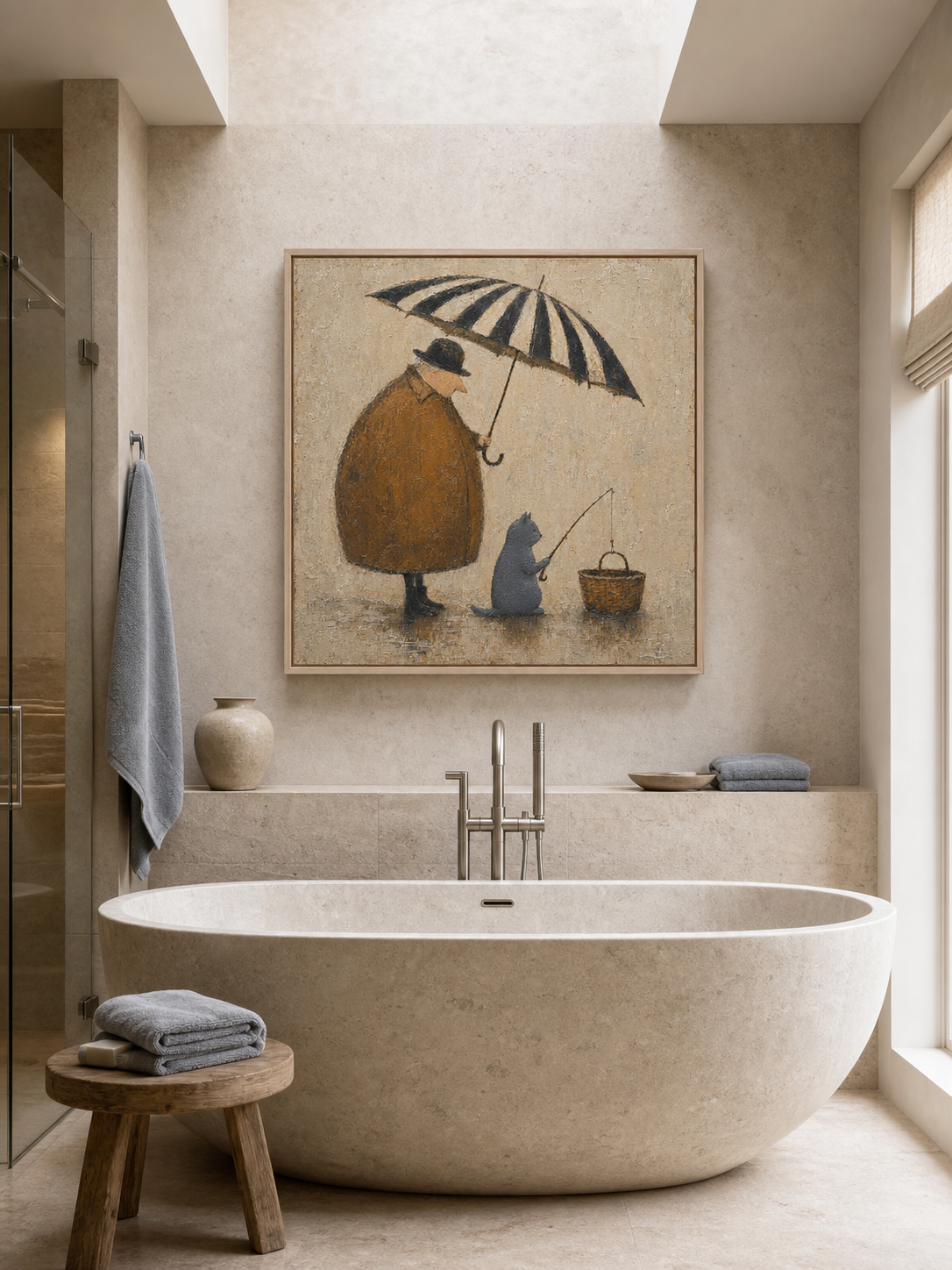 Whimsical Cat And Man Painting With Umbrella For Cozy Home Decor