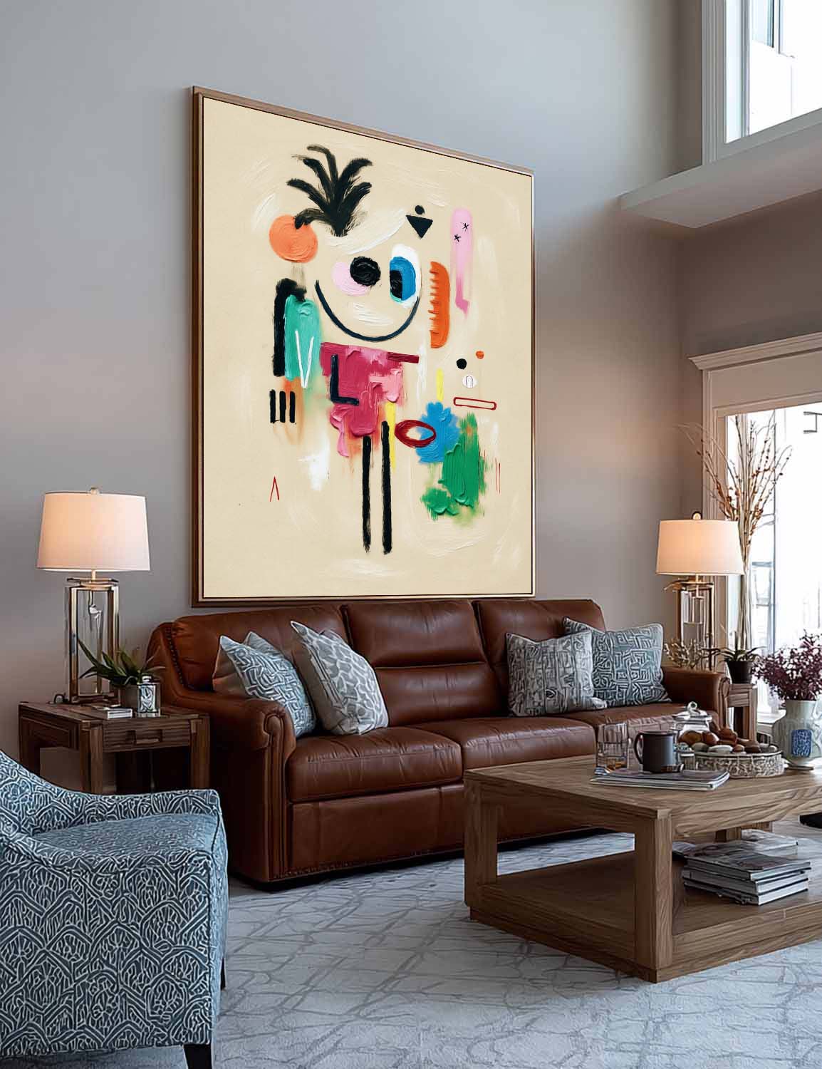 Minimalist Beige Abstract Cartoon Character Painting With Colorful Texture For Modern Decor