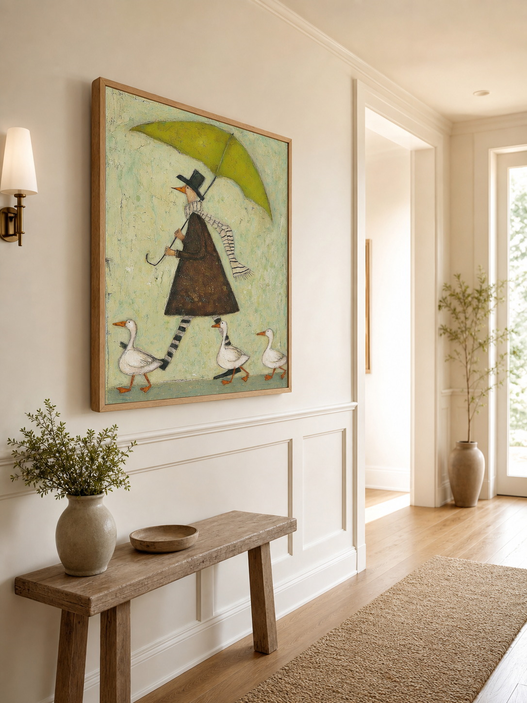 Whimsical Green Umbrella Man With Geese Original Oil Painting On Linen Canvas For Modern Home Decor