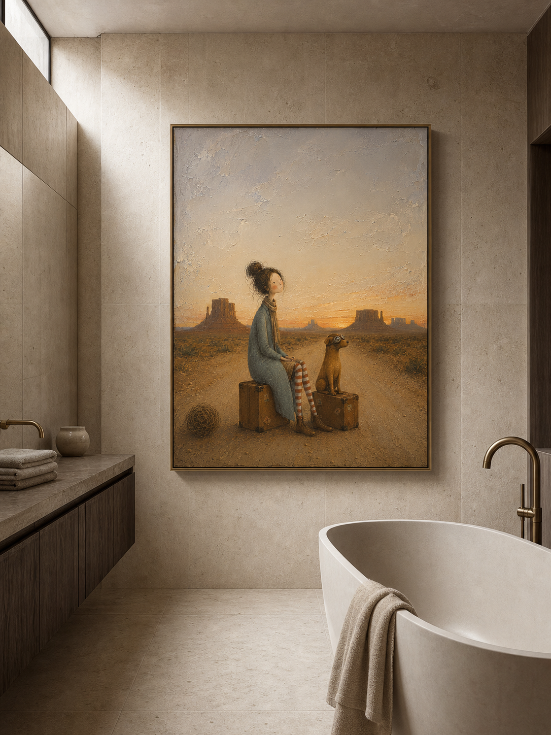 Whimsical Southwestern Desert Travel Art With Girl And Dog For Living Room Wall Decor