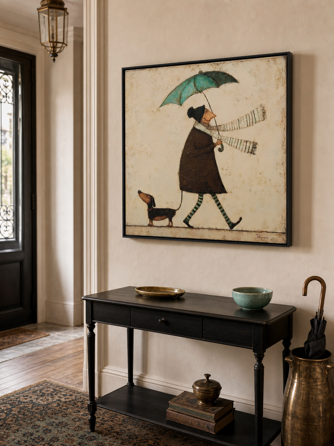 Vintage Textured Beige Abstract Figure Painting With Green Accents For Living Room
