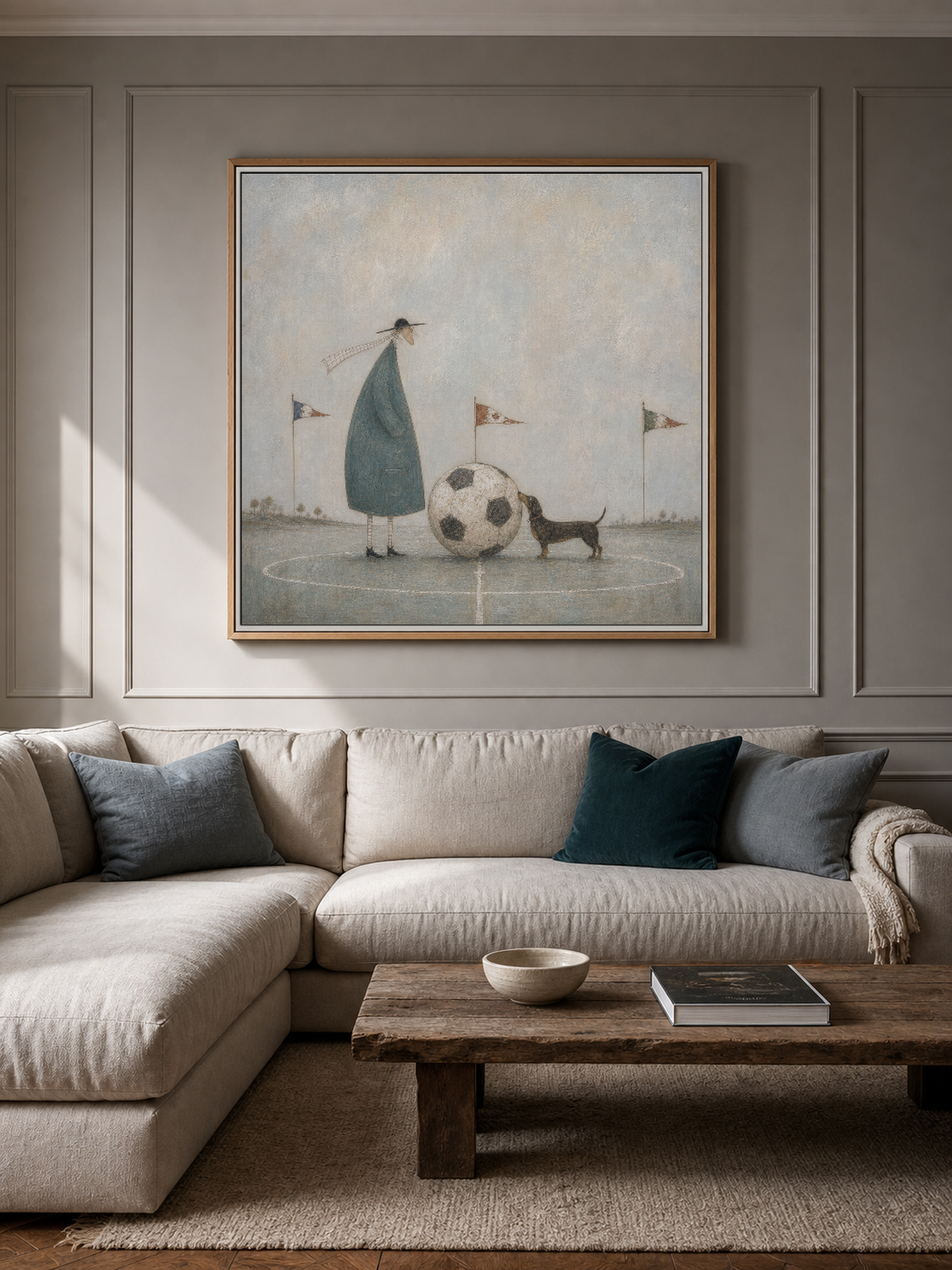 Whimsical Soccer Art Print With Dog And Man In Blue Grey Tones For Modern Home Decor