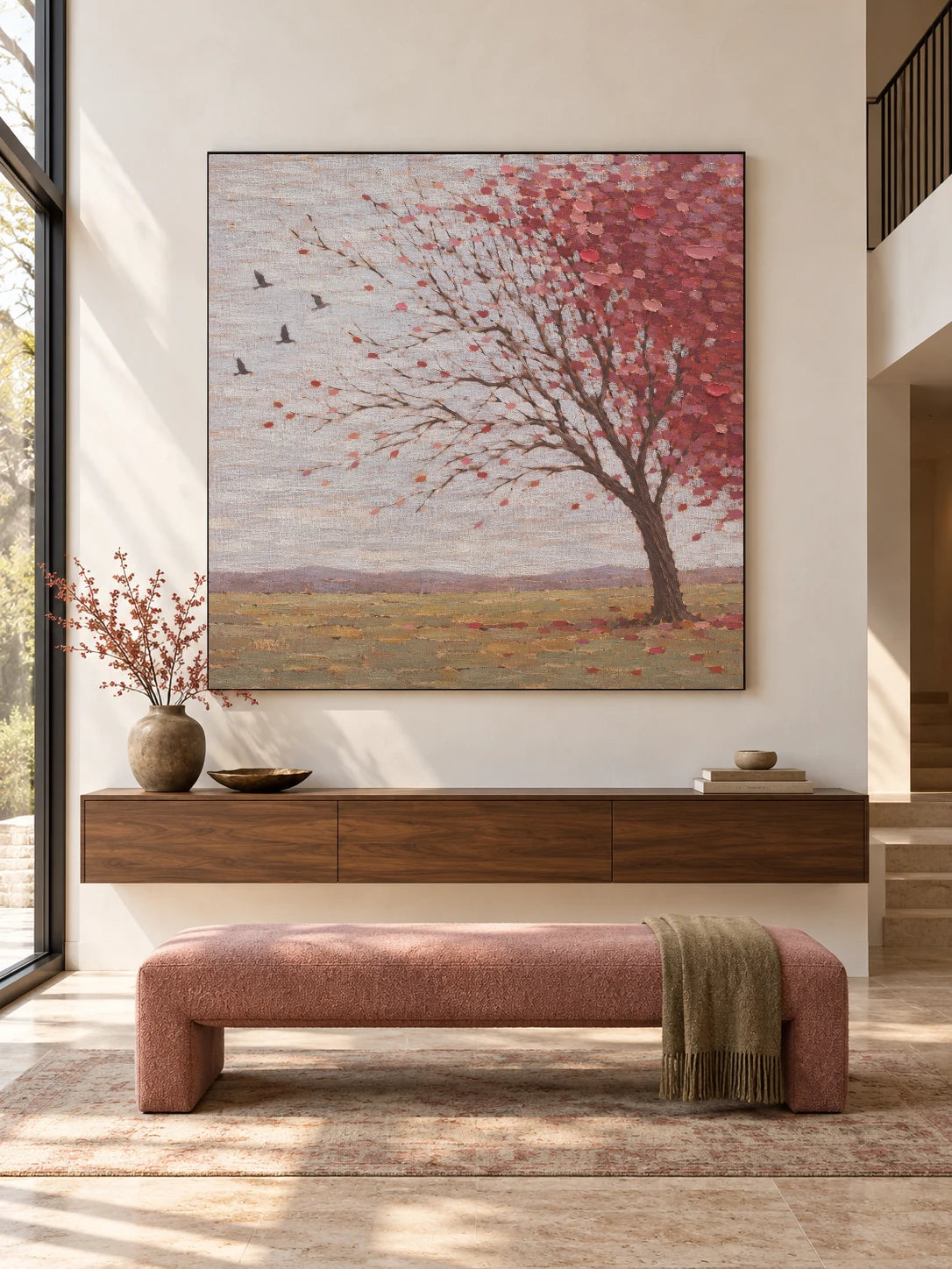 Hand Painted Autumn Tree Wall Art Large Blush Pink Rural Landscape Artwork Painting