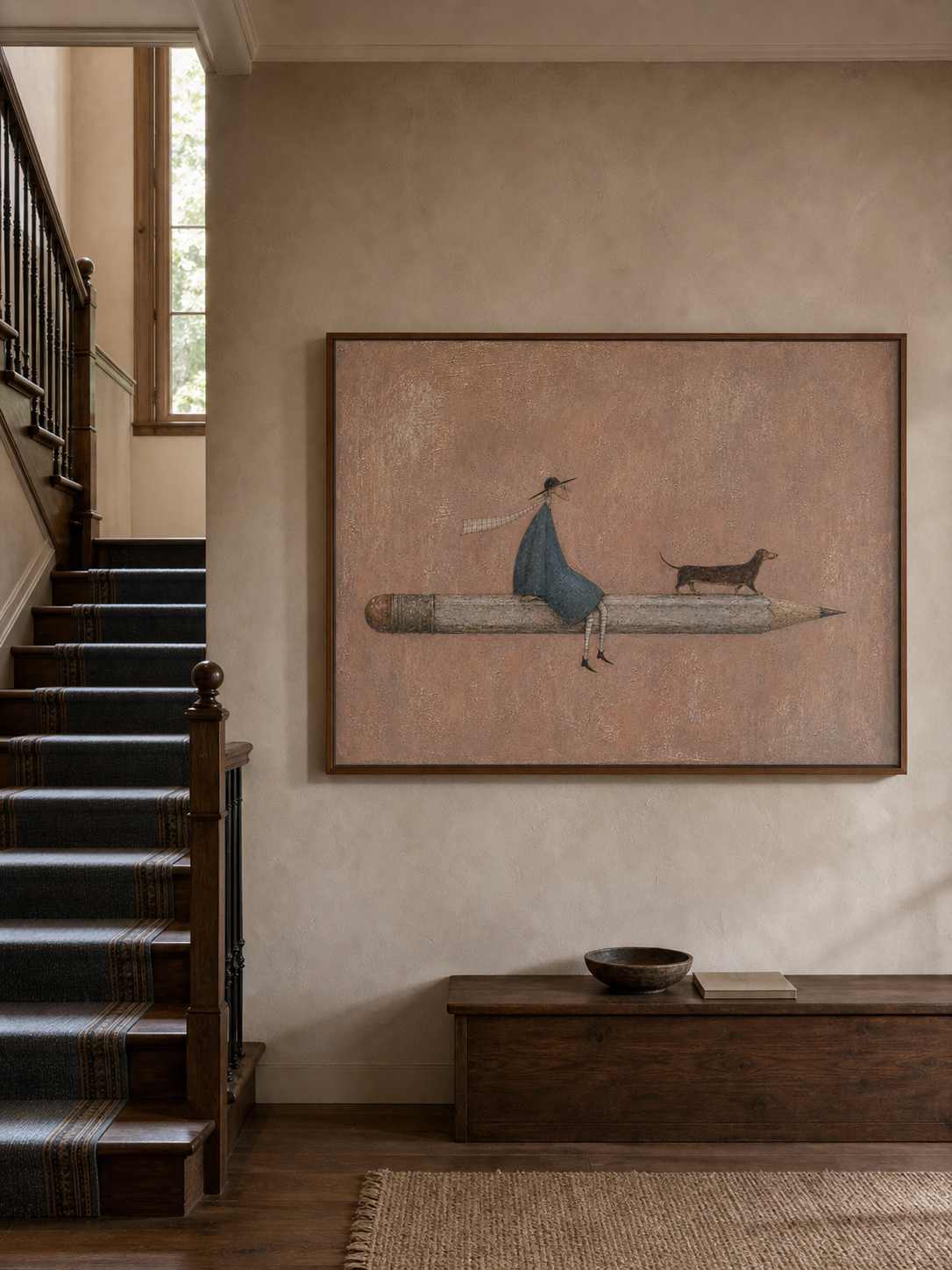Quirky Dachshund And Girl On Pencil Painting Hand Made Canvas Art For Home Office Decor