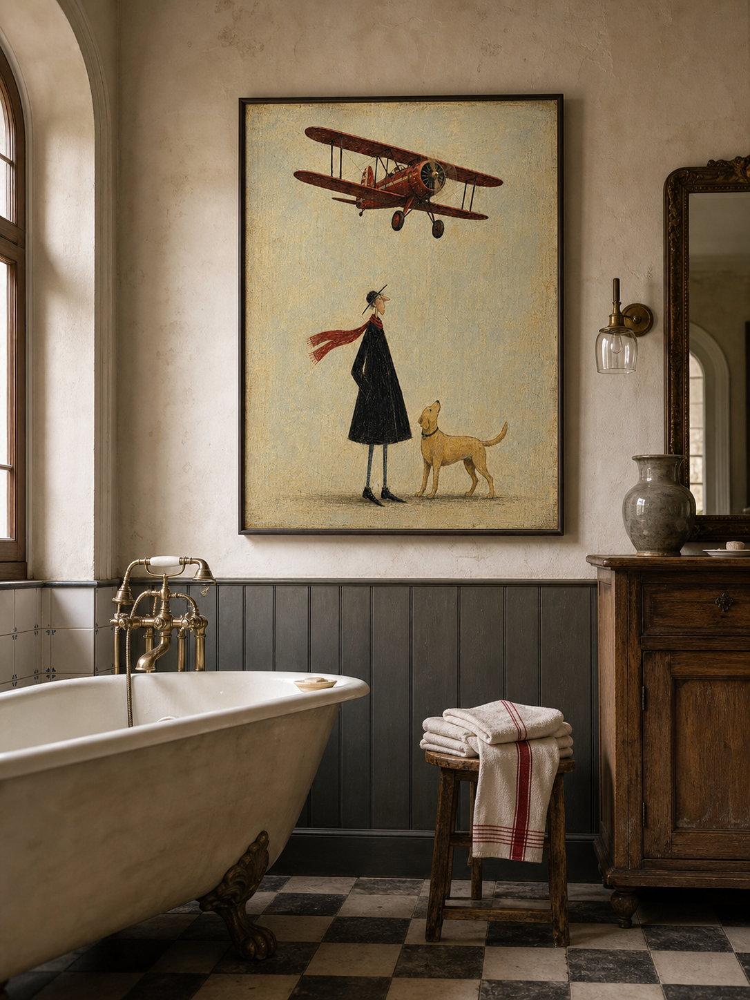 Vintage Red Biplane Painting Original Art For Travel Lovers Home Decor