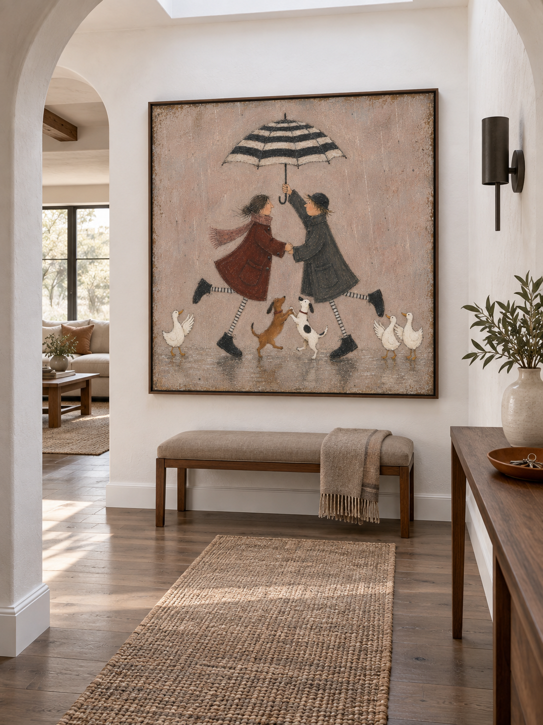 Romantic Couple Dancing In Rain With Dogs Hand-Painted Canvas Wall Art