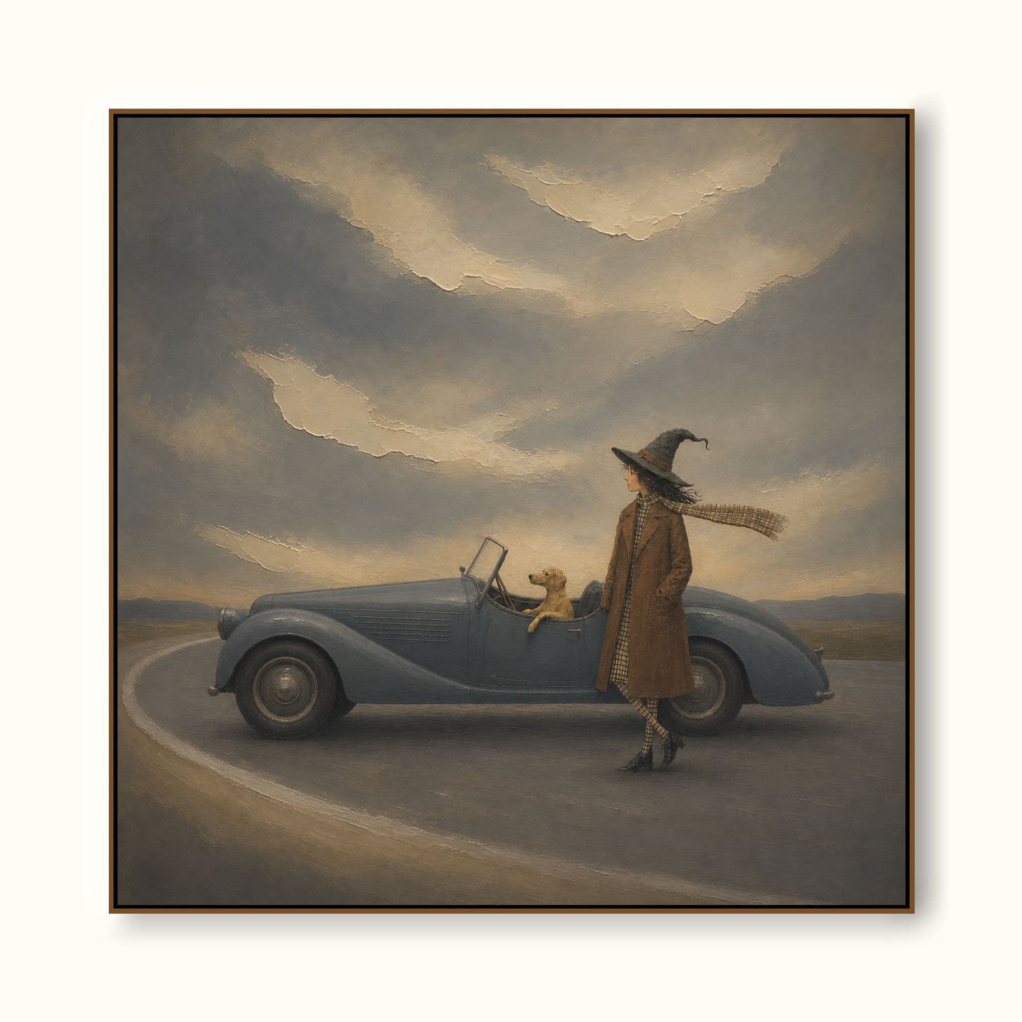 Dreamy Witch Travel Painting With Vintage Car And Dog In Surreal Landscape Art