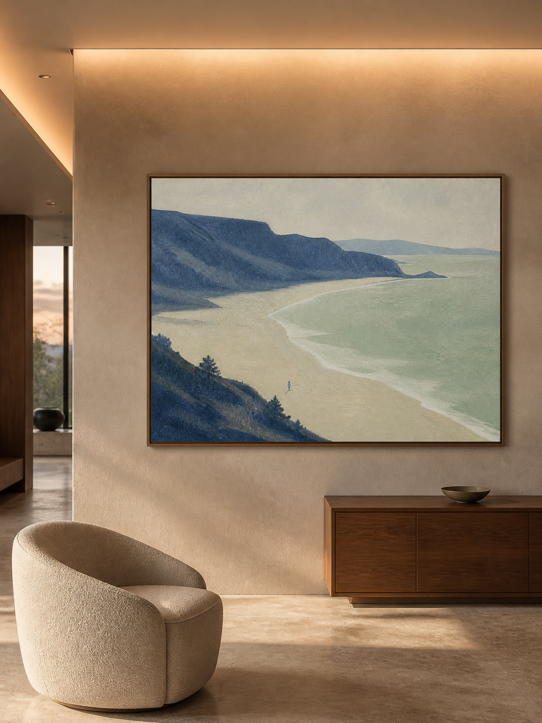 Minimalist Blue Coastal Figure Landscape Painting Large Wall Decor