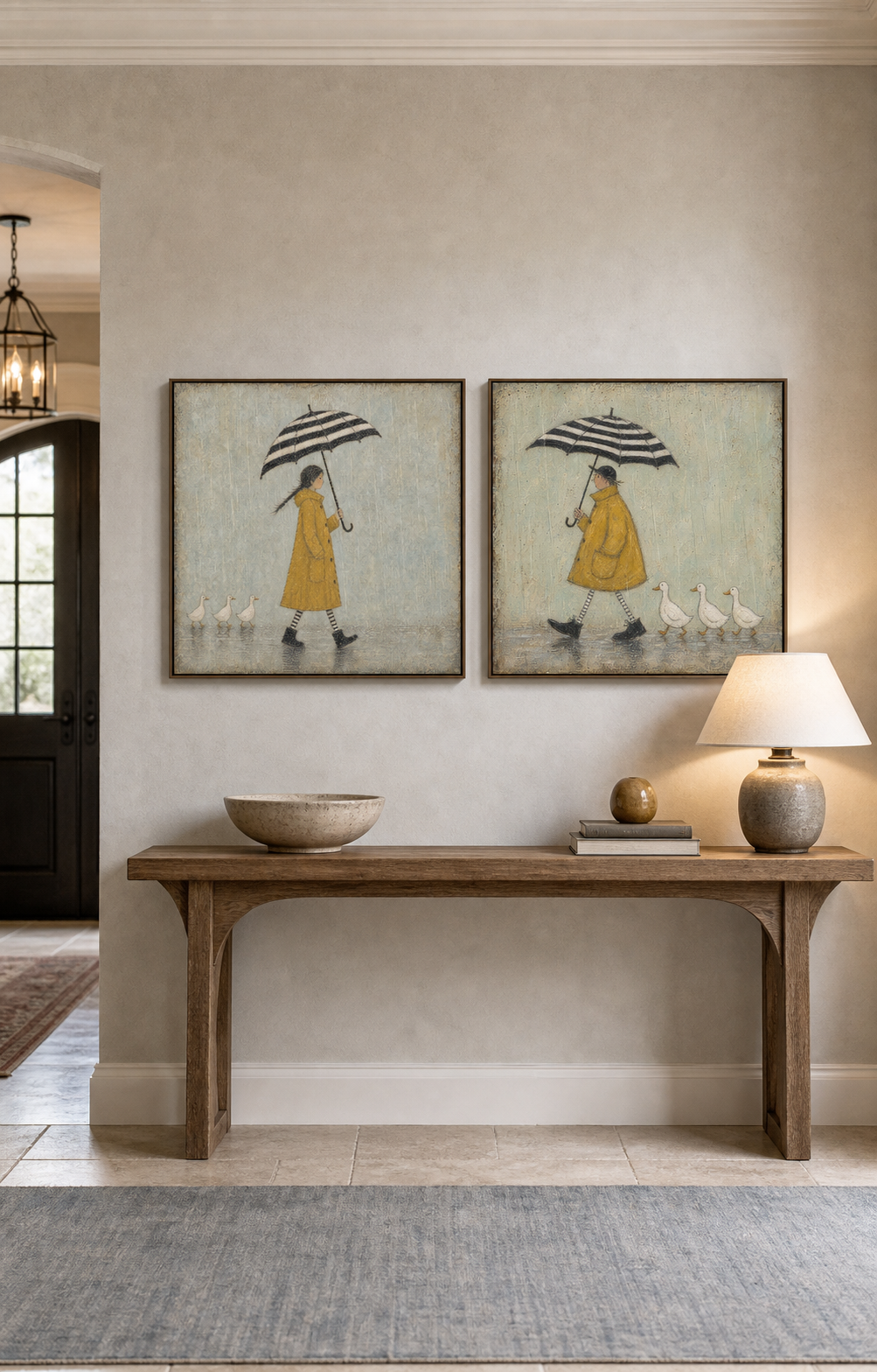 Whimsical Rainy Day Art With Ducks And Yellow Raincoats For Cottage Style Home