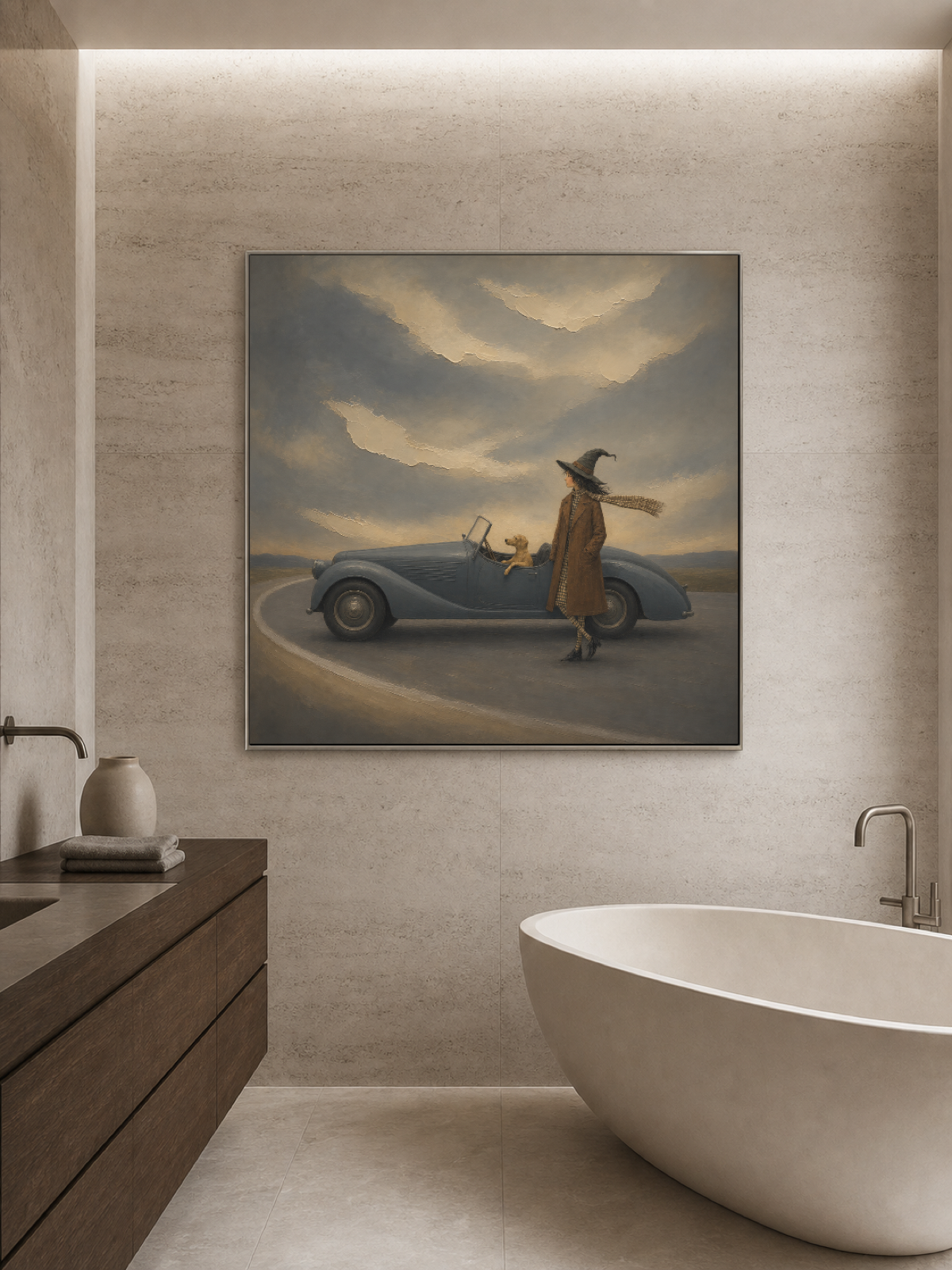 Dreamy Witch Travel Painting With Vintage Car And Dog In Surreal Landscape Art