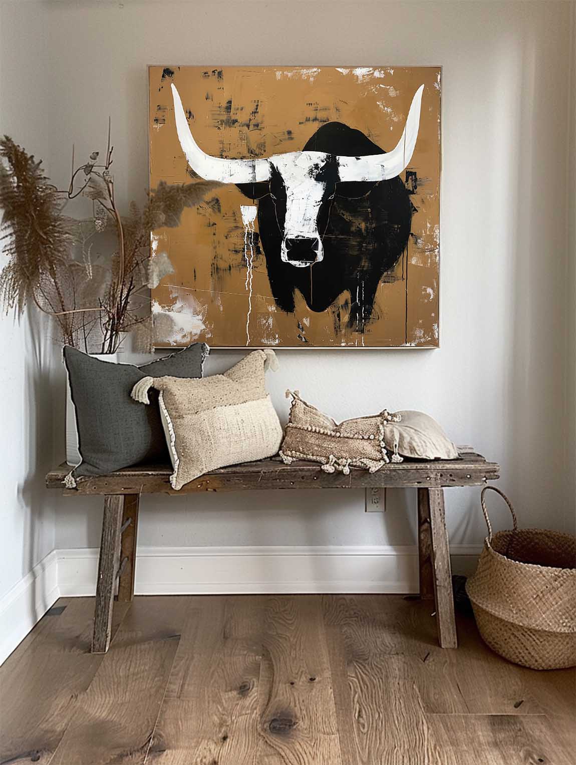 Retro White And Black Bull Horns Wall Art Vintage Bull Abstract Canvas Painting Large Bull Canvas Art