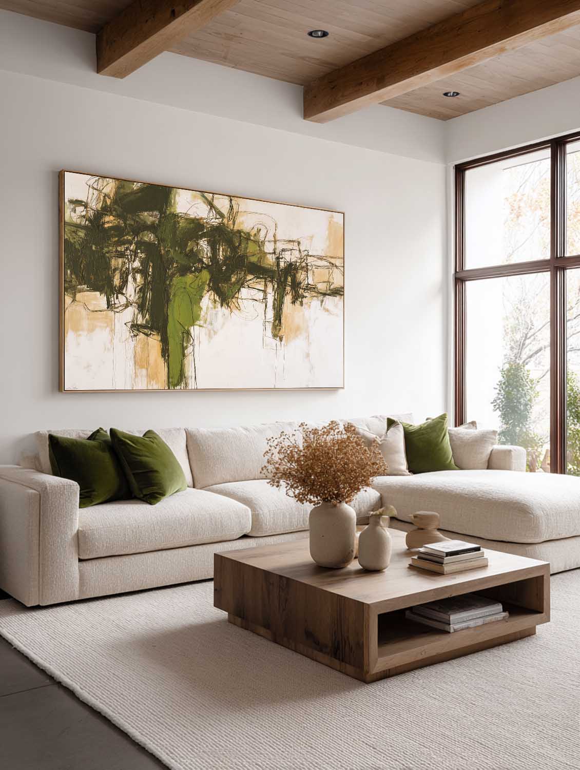 Handmade Horizontal Olive Green Abstract Canvas Art Minimalist Horizontal Green Abstract Oil Painting