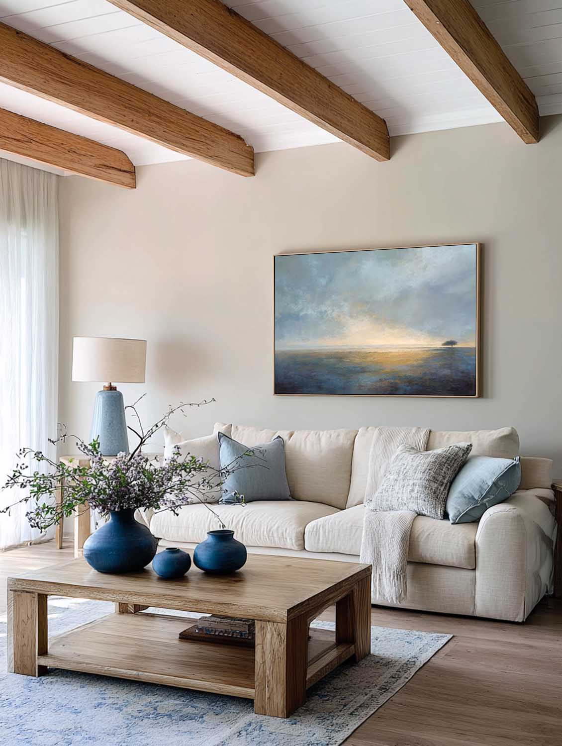 Blue Handmade Seascape Oil Painting Neutral Coastal Canvas Art Original Handmade Seascape Oil Painting