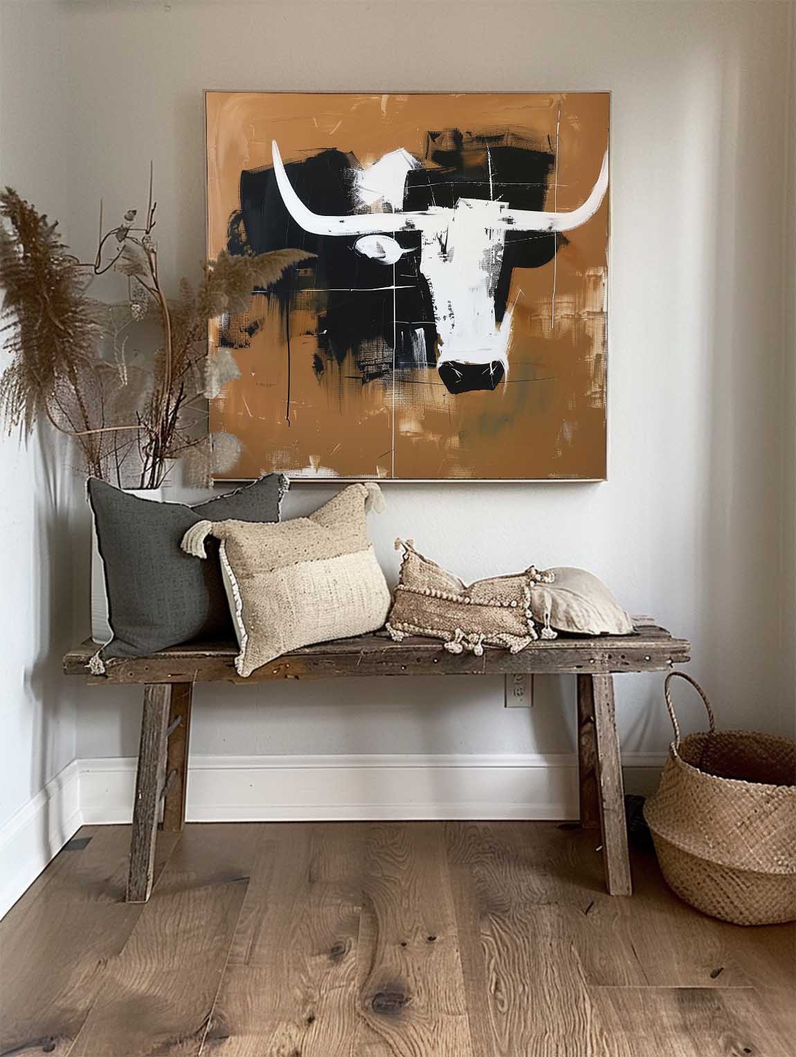 Vintage Abstract Bull Art Retro Minimalist Black And White Canvas Large Abstract Retro Wall Art