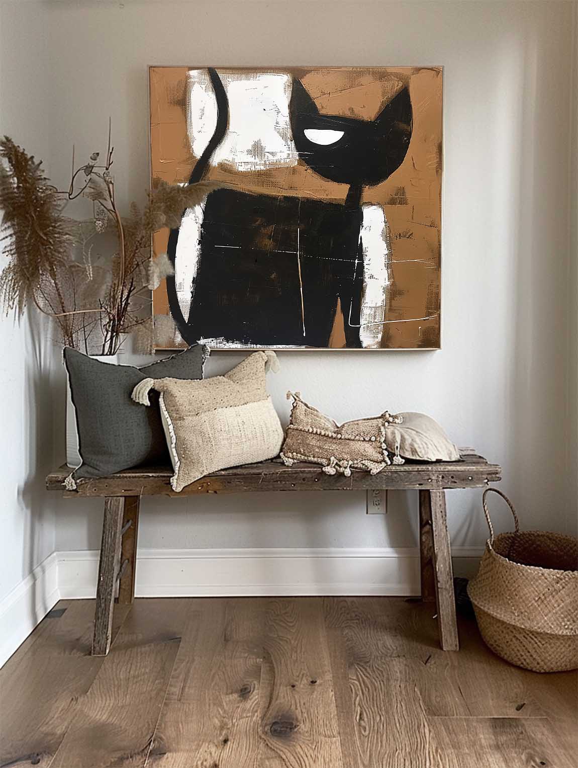 Retro Abstract Cat Painting Vintage Large Cat Wall Art Large Black And White Cat Painting Retro Neutral Home Decor