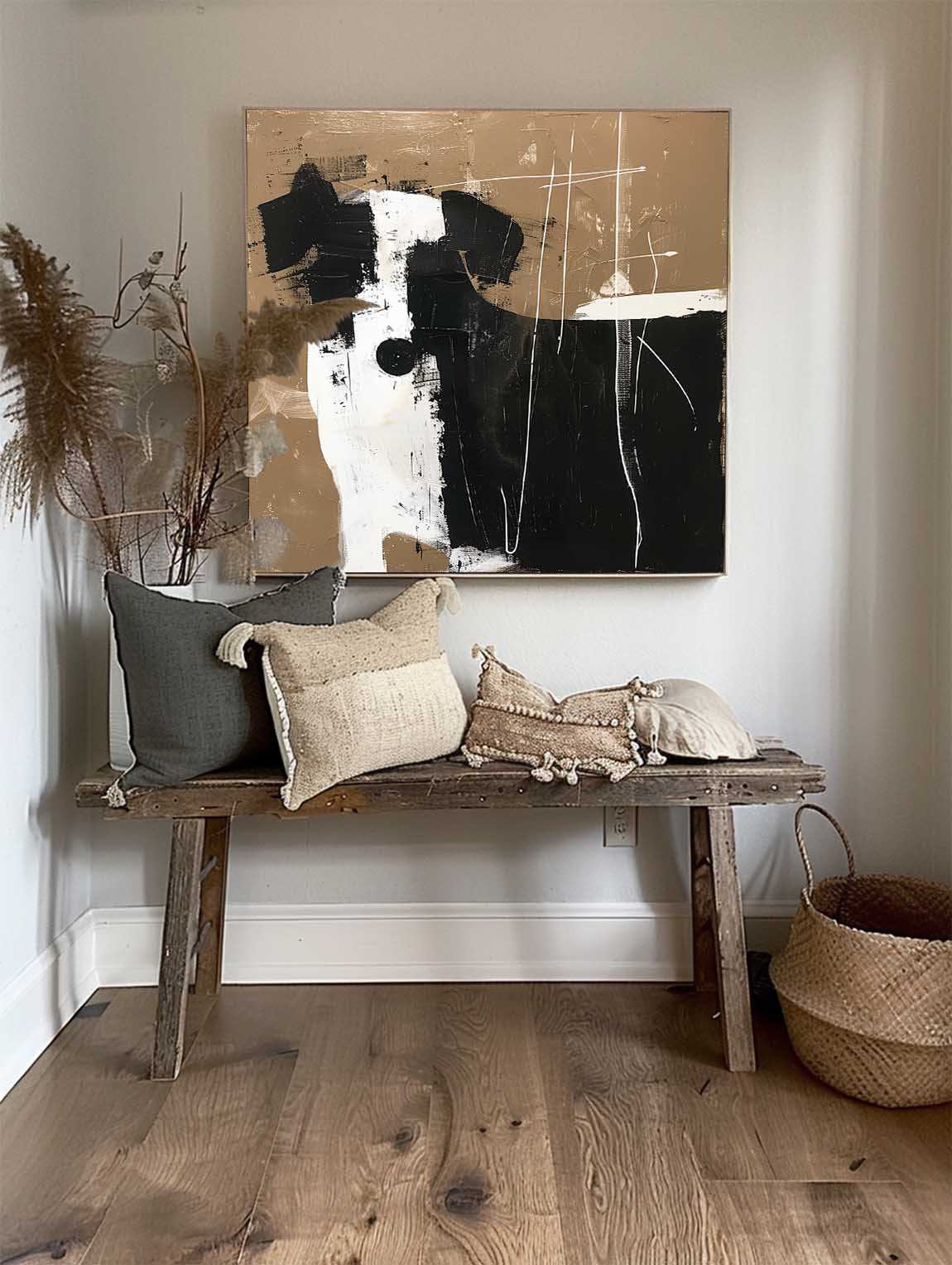 Vintage Black and White Abstract Dog Art Minimalist Black And White Canvas Painting Large Retro Decor