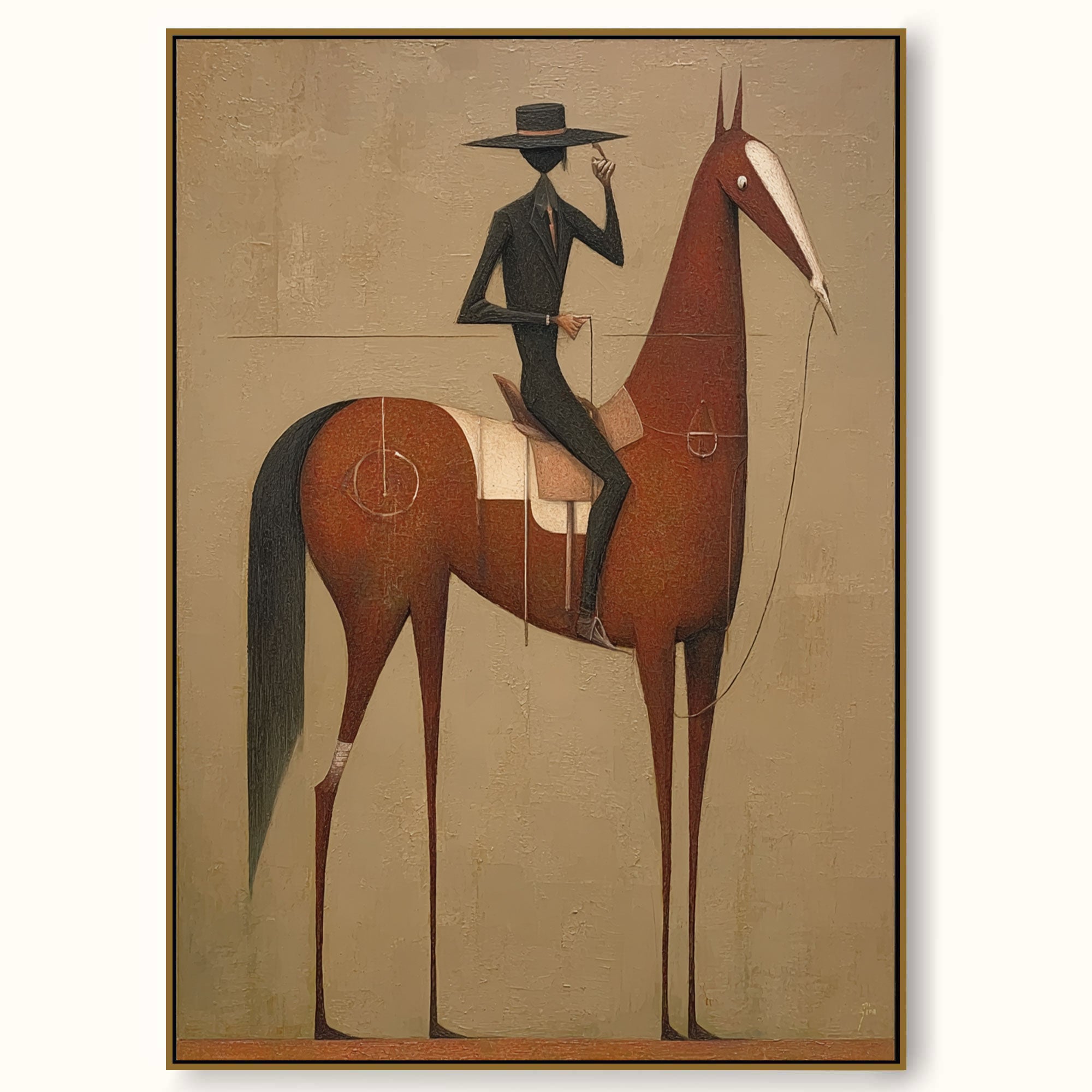 Vintage Equestrian Oil Painting Brown Horse Rider Vertical Canvas Wall Decor For Living Room