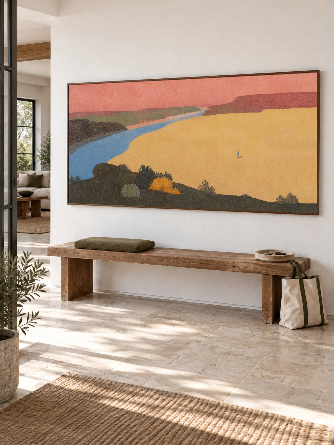 Colorful Coral River Valley Canvas Art With Lone Figure For Bedroom Decor