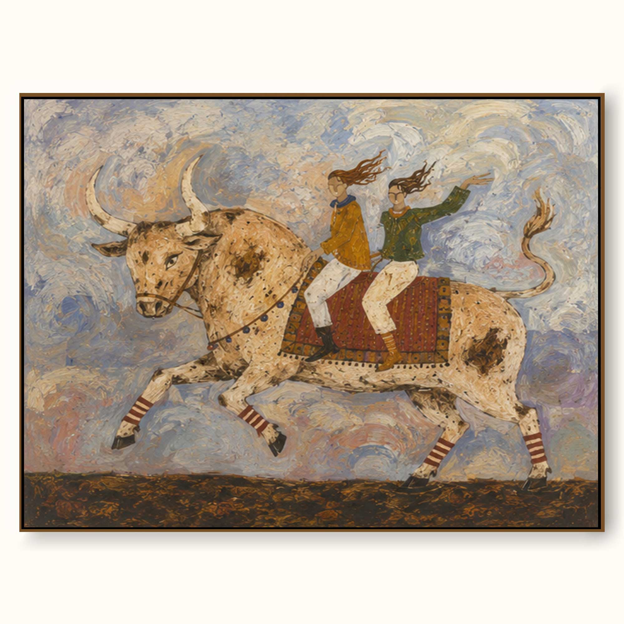 Vintage Bohemian Bull Rider Art With Expressive Brushwork For Living Room Decor