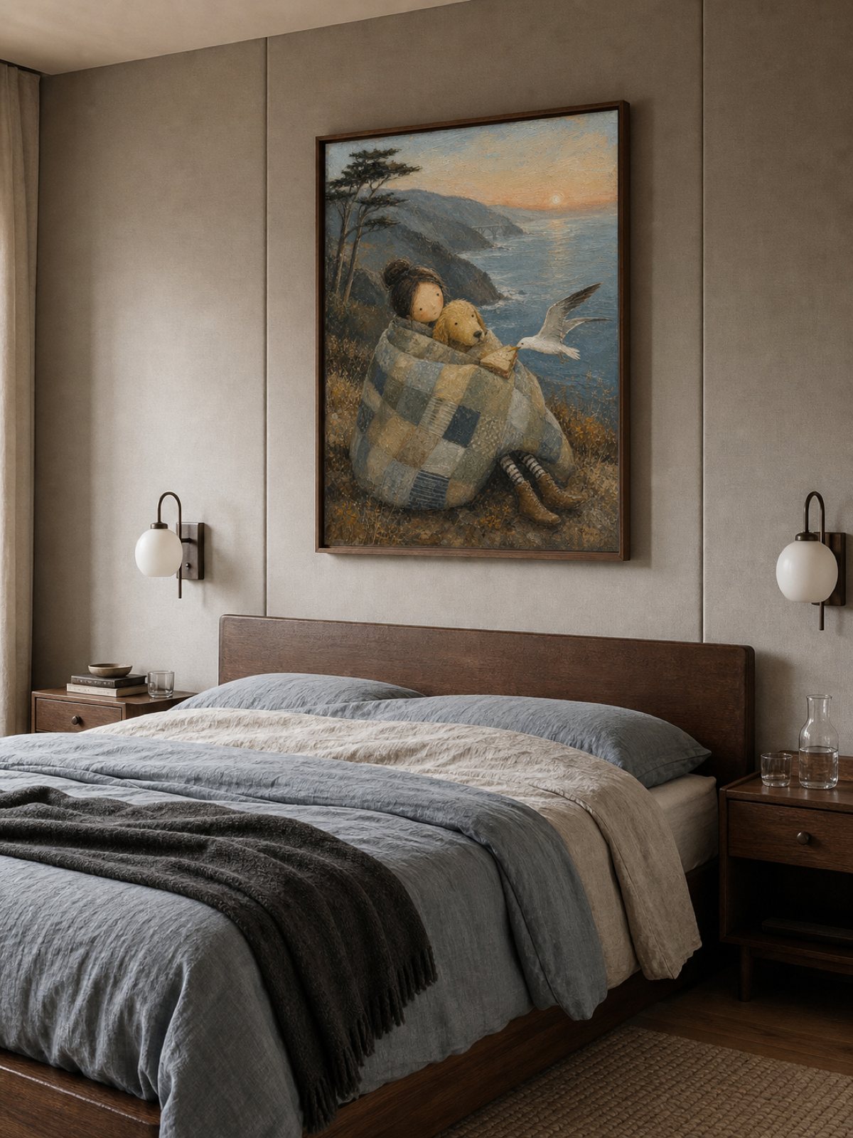 Whimsical California Coast Art With Dog And Girl For Seaside Wall Decor