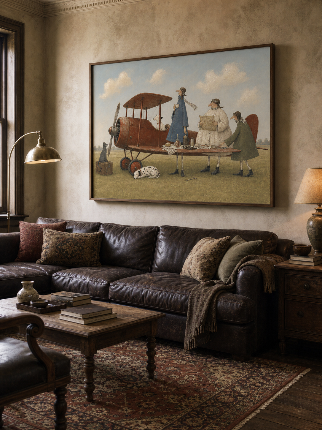 Vintage Airplane Picnic Painting Original Wall Art For Living Room Travel Theme Decor