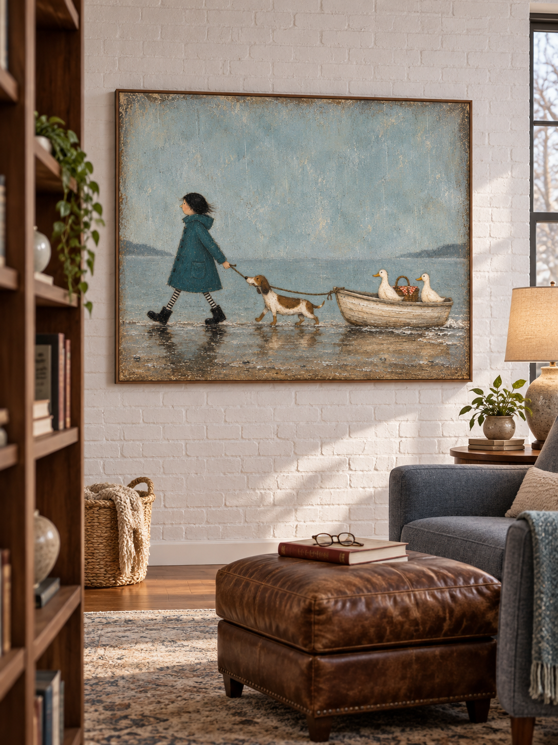 Whimsical Rainy Day Canvas Art With Girl Dog And Ducks For Kids Room Decor
