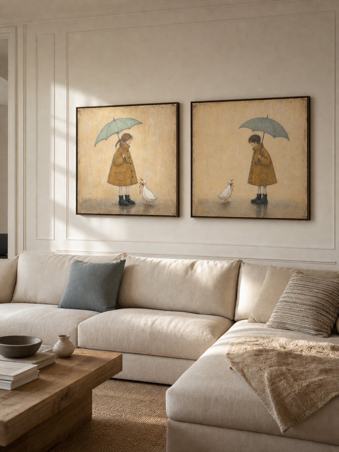 Hand Painted Umbrella Girl And Duck Diptych Whimsical Rainy Day Wall Art