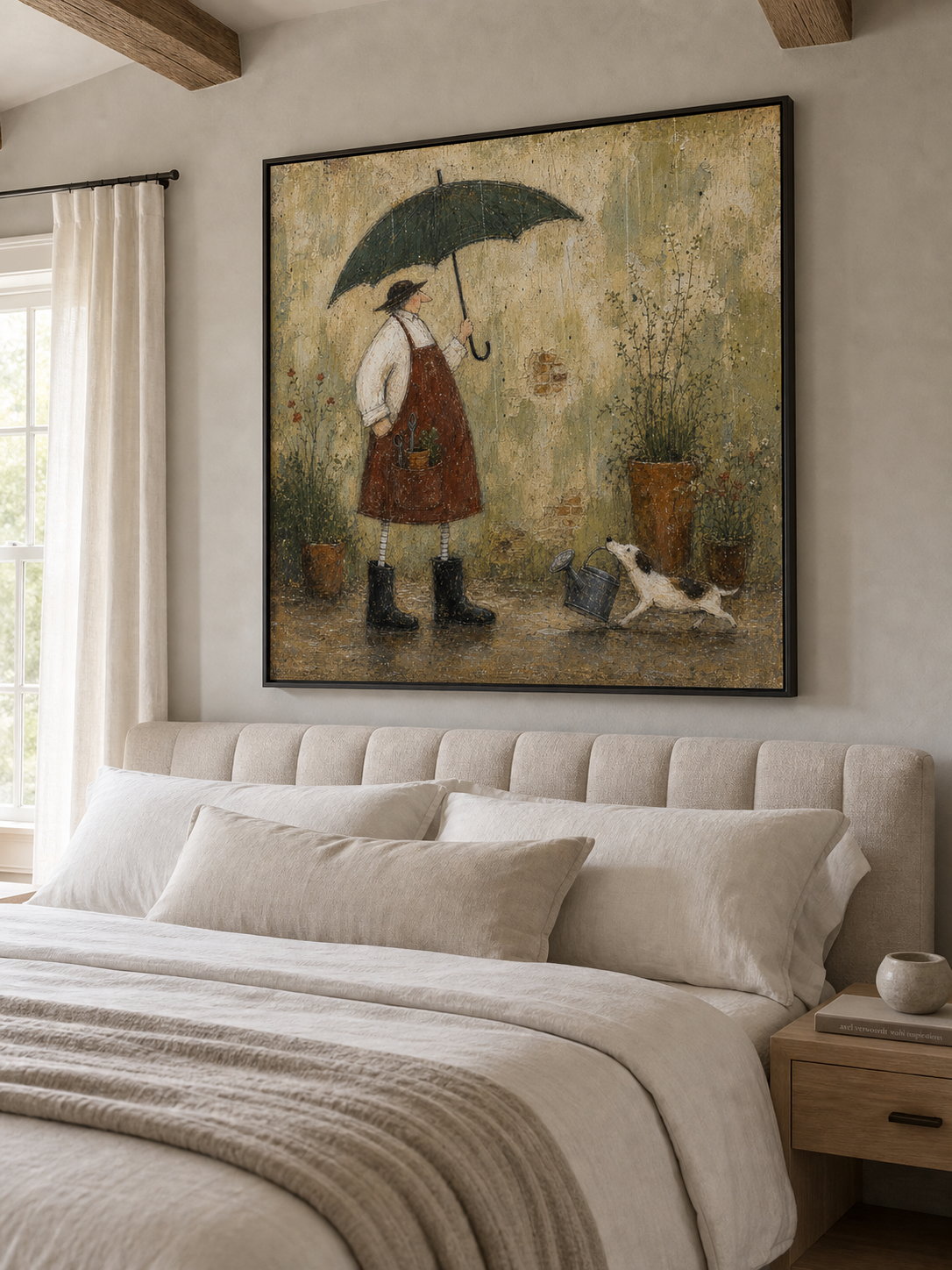 Vintage Gardener With Dog Painting In Earthy Tones For Cozy Home Decor