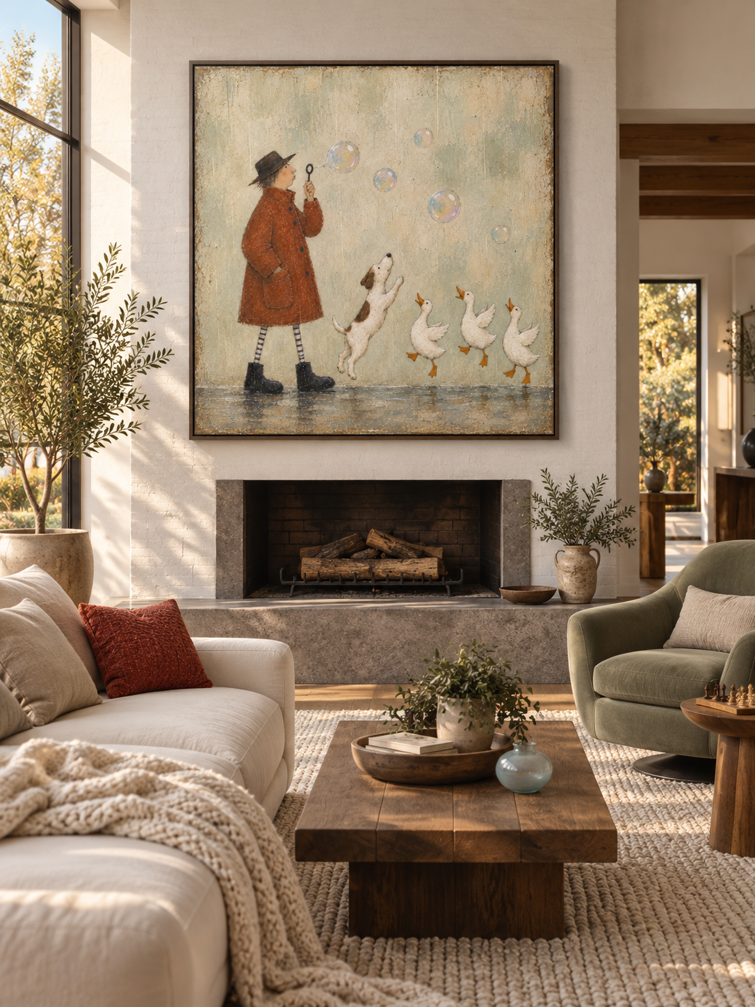 Playful Bubble Blowing Canvas Art With Dog And Ducks For Kids Room Decor