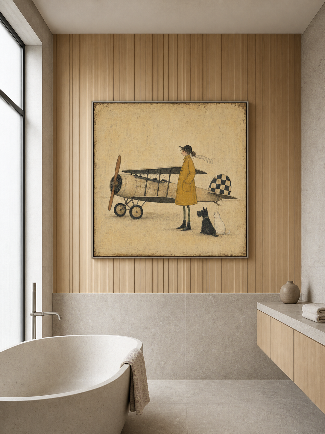 Vintage Airplane Painting With Girl And Pets Classic Aviation Art For Kids Room Decor