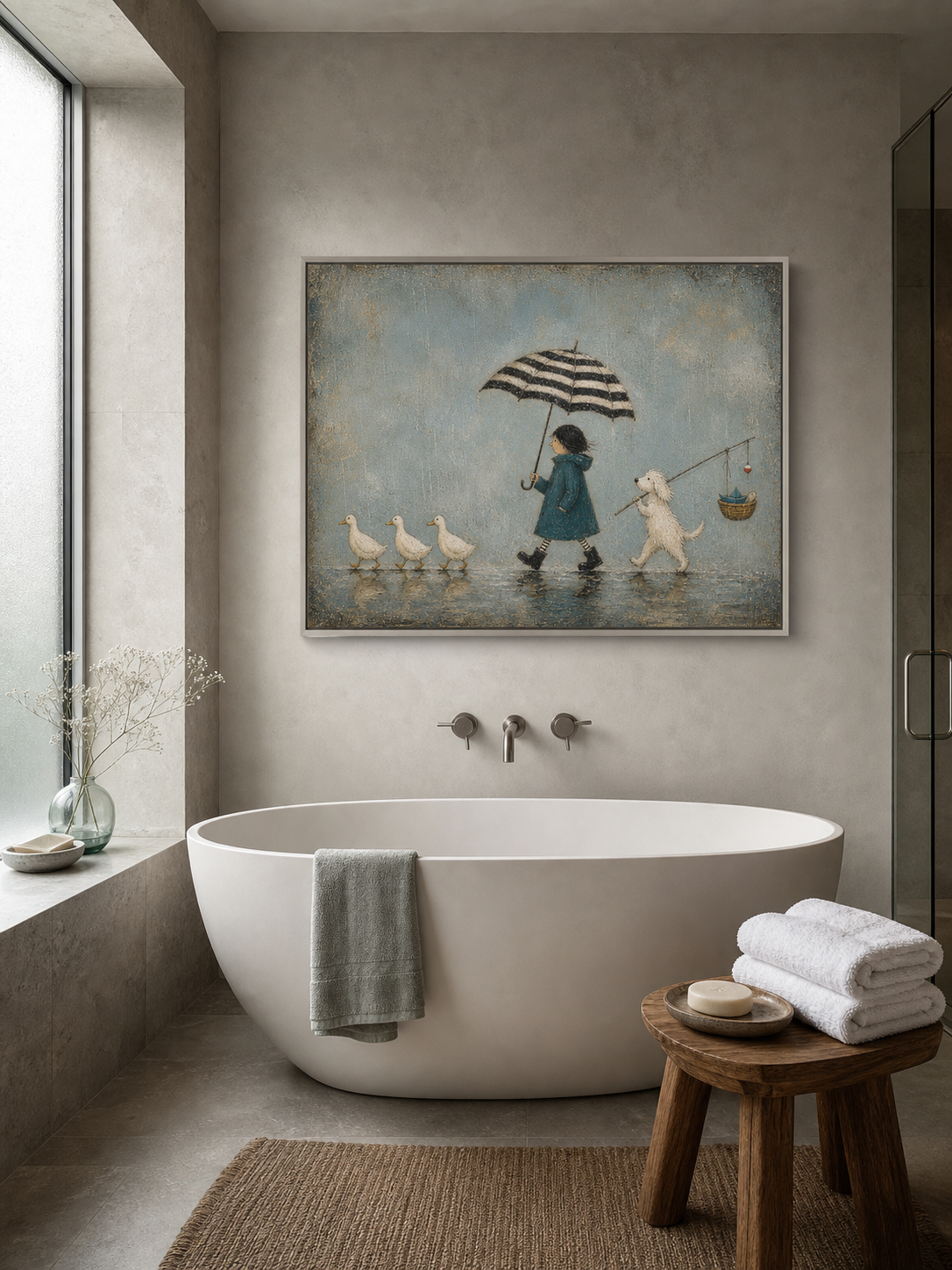 Charming Rainy Day Dog And Duck Art For Modern Kids Room Nursery Wall Decor