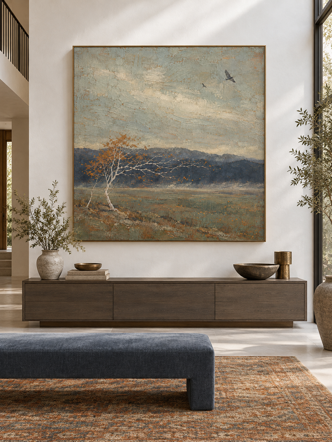 Neutral Windswept Tree And Birds Canvas Art For Quiet Modern Bedroom Decor