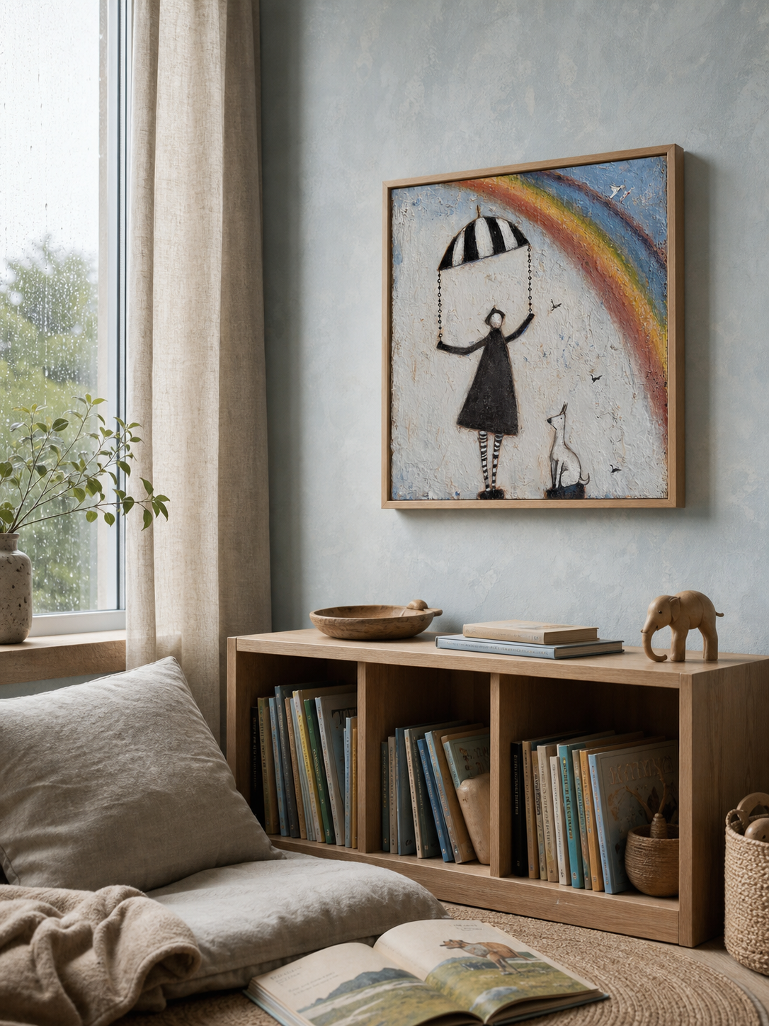 Original Vintage Canvas Art With Striped Umbrella And Dog For Creative Living Rooms