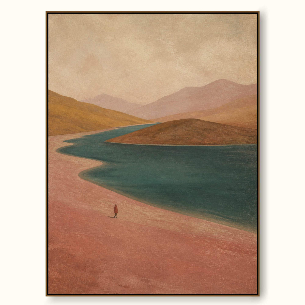 Hand-Painted Winding River Landscape Canvas Wall Art With Lone Red Figure