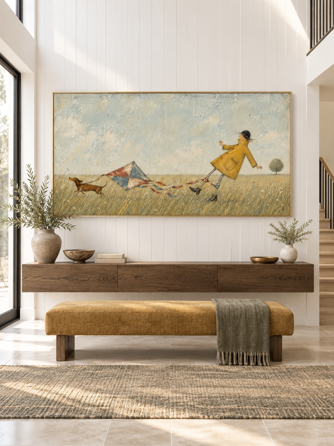 Whimsical Girl And Dachshund With Kite Hand-Painted Canvas Art
