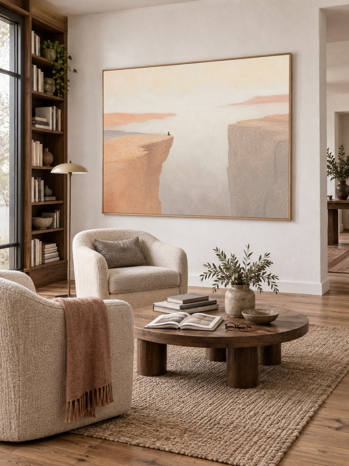 Solitary Figure On Peach Cliff Hand-Painted Canvas Wall Art In Neutral Tones