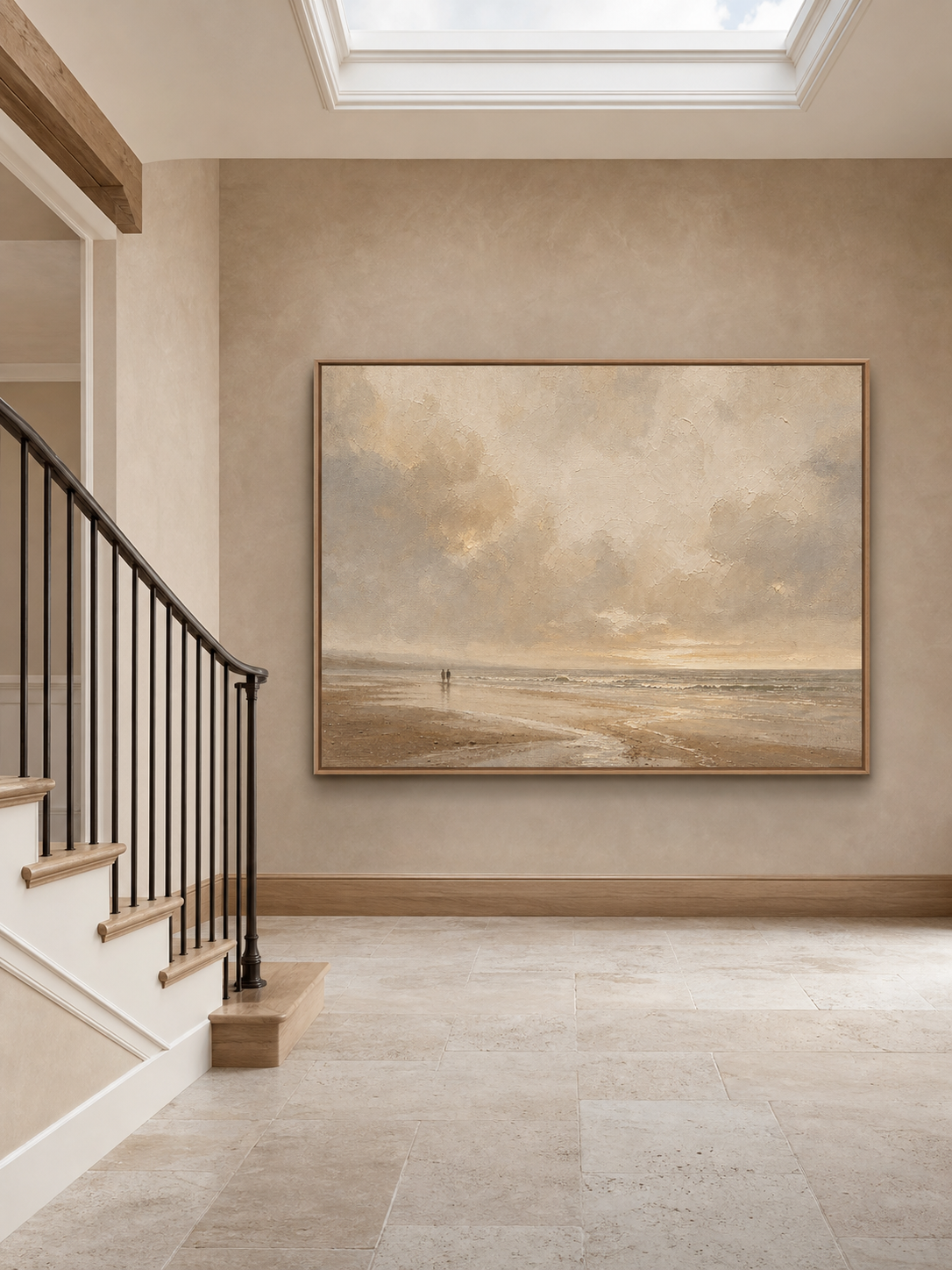 Minimalist Neutral Beach Oil Painting Large Vintage Ocean Canvas Art