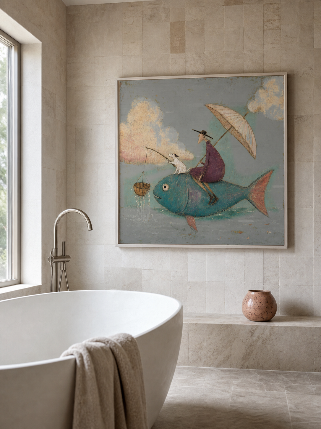 Whimsical Fish Riding Painting With Dog Vintage Surreal Wall Art For Living Room Decor
