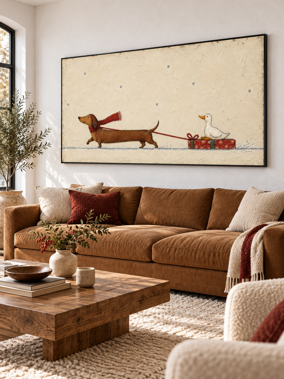 Minimalist Christmas Pet Painting Whimsical Dachshund And Duck Wall Art Canvas
