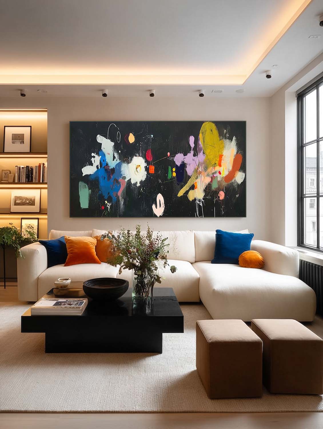 Large Horizontal Abstract Painting With Vibrant Colors On Black Canvas