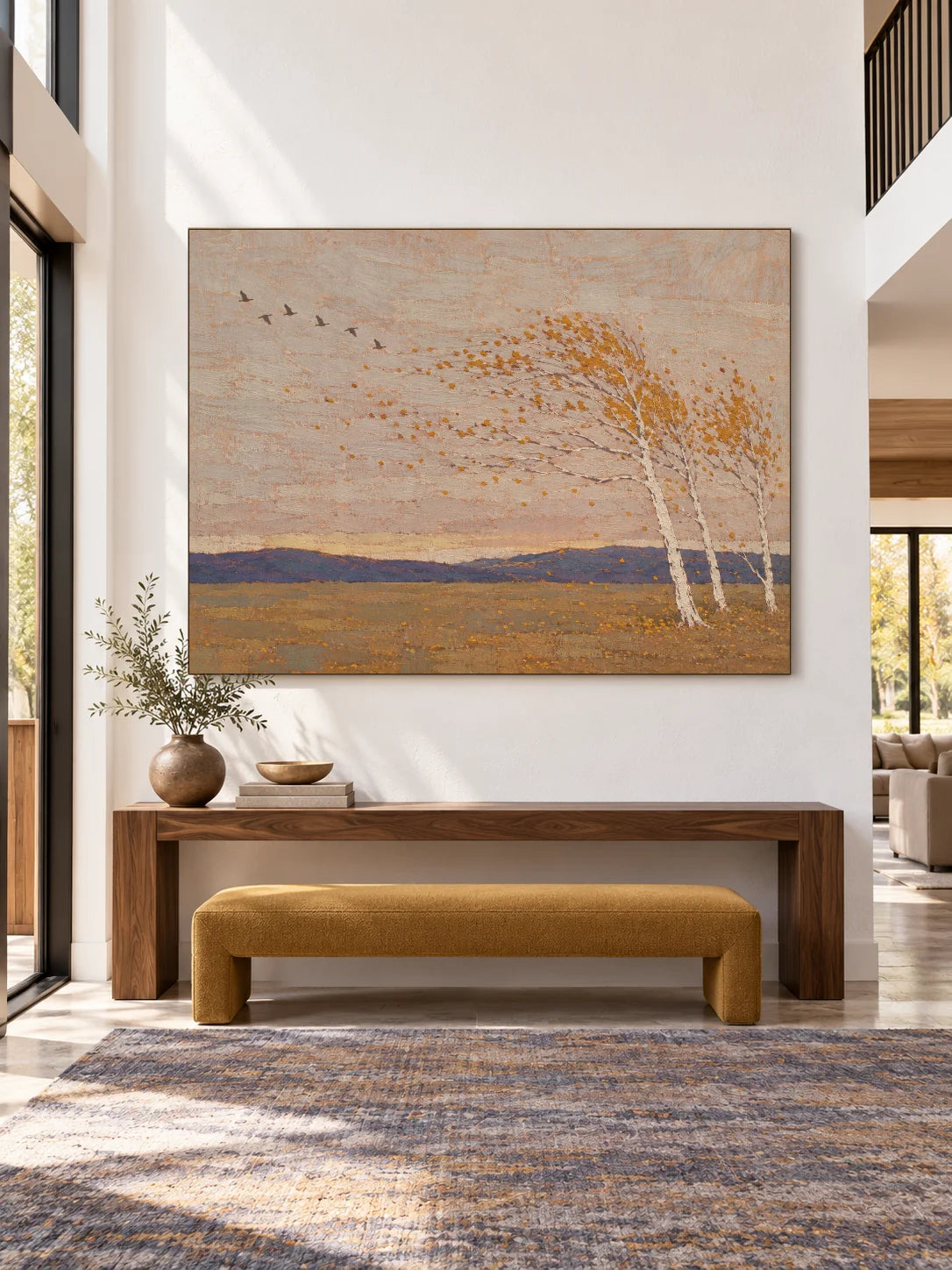 Large Rural Landscape Wall Art Hand Painted Minimalist Birch Tree Canvas Painting