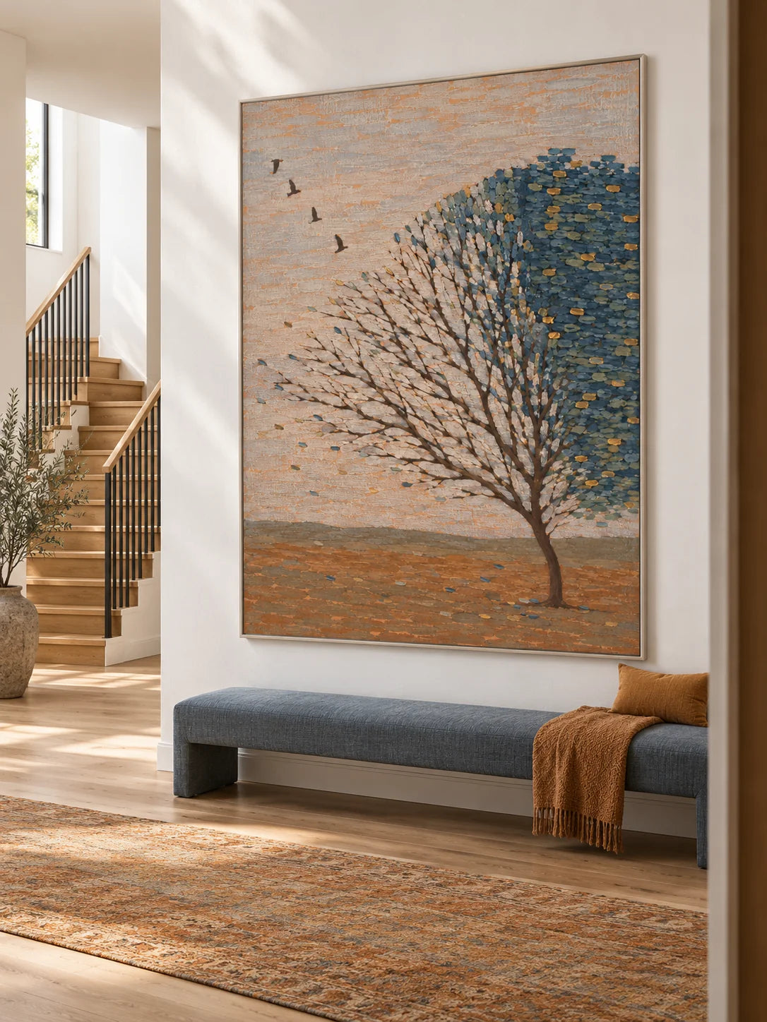 Minimalist Tree Landscape Painting Large Teal And Gold Nature Wall Art Canvas