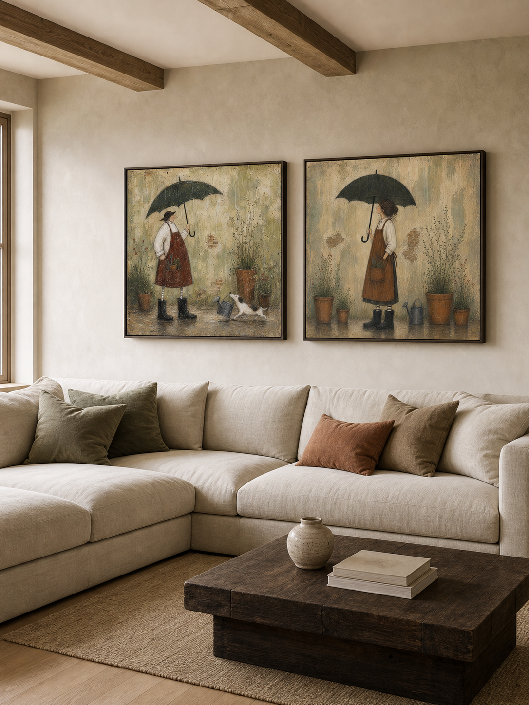 English Garden Diptych Wall Art Square Framed Oil Painting Set For Rustic Living Room Design