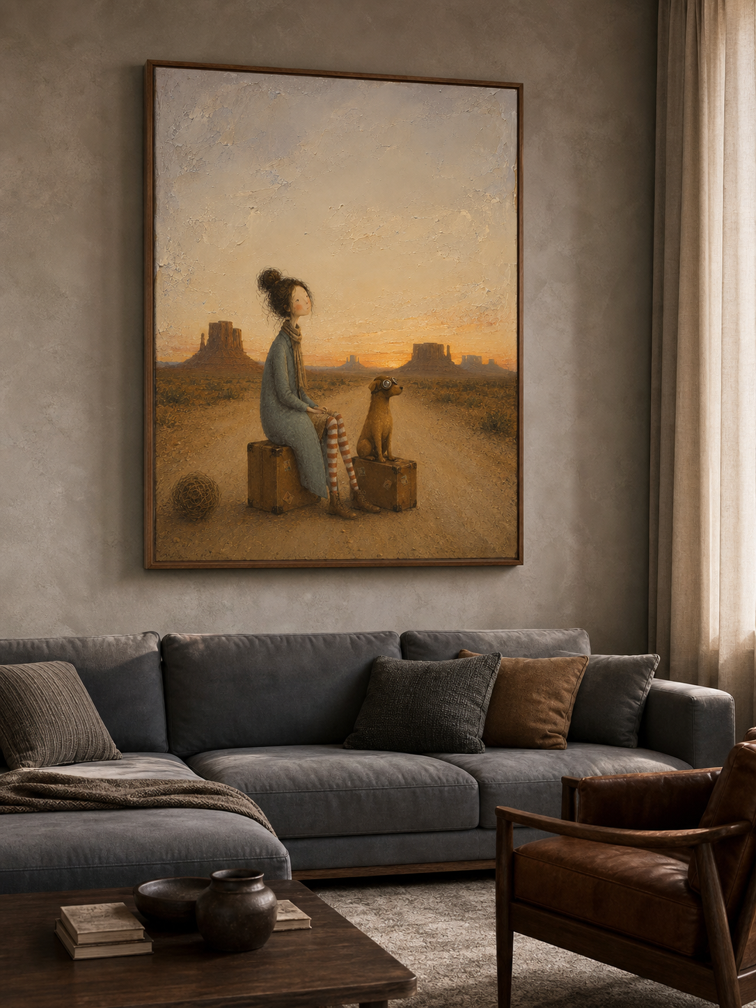 Whimsical Southwestern Desert Travel Art With Girl And Dog For Living Room Wall Decor
